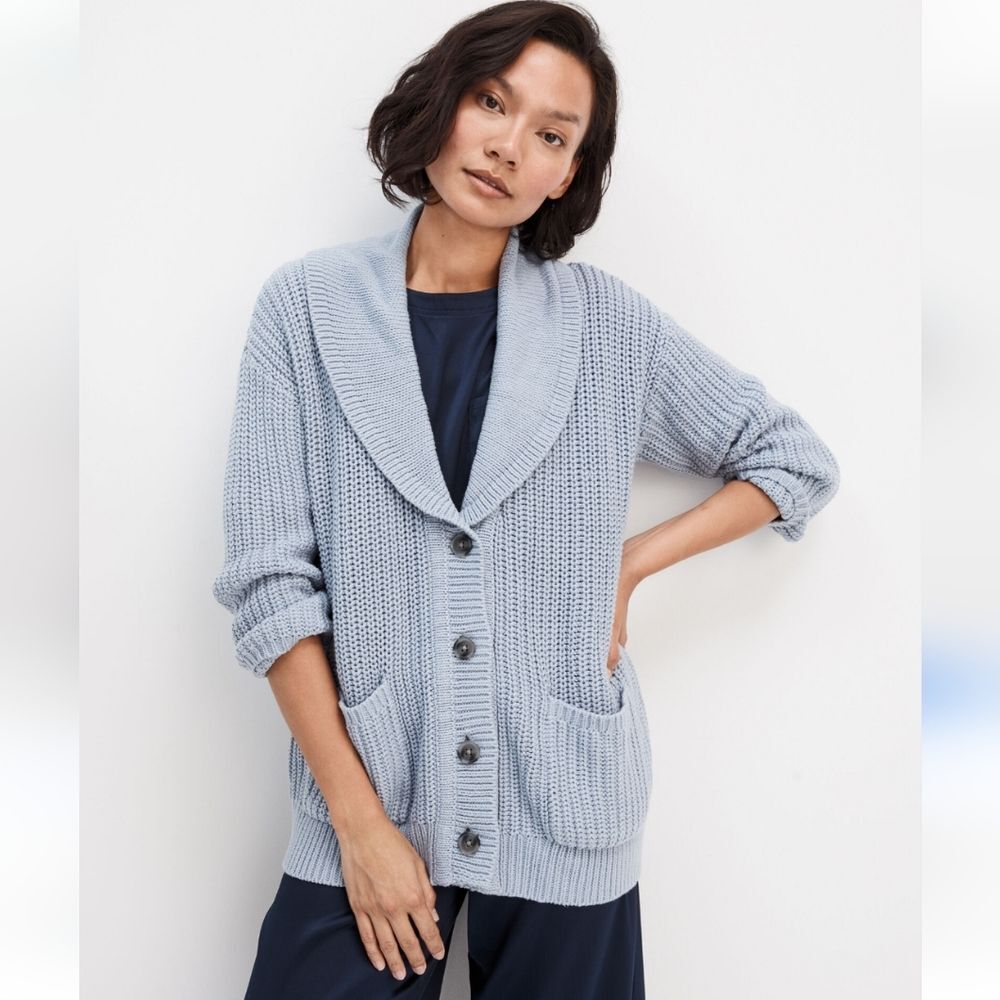 Haven Well Within Light Blue Shawl Collar Cardigan Cotton Chunky Knit Size XS